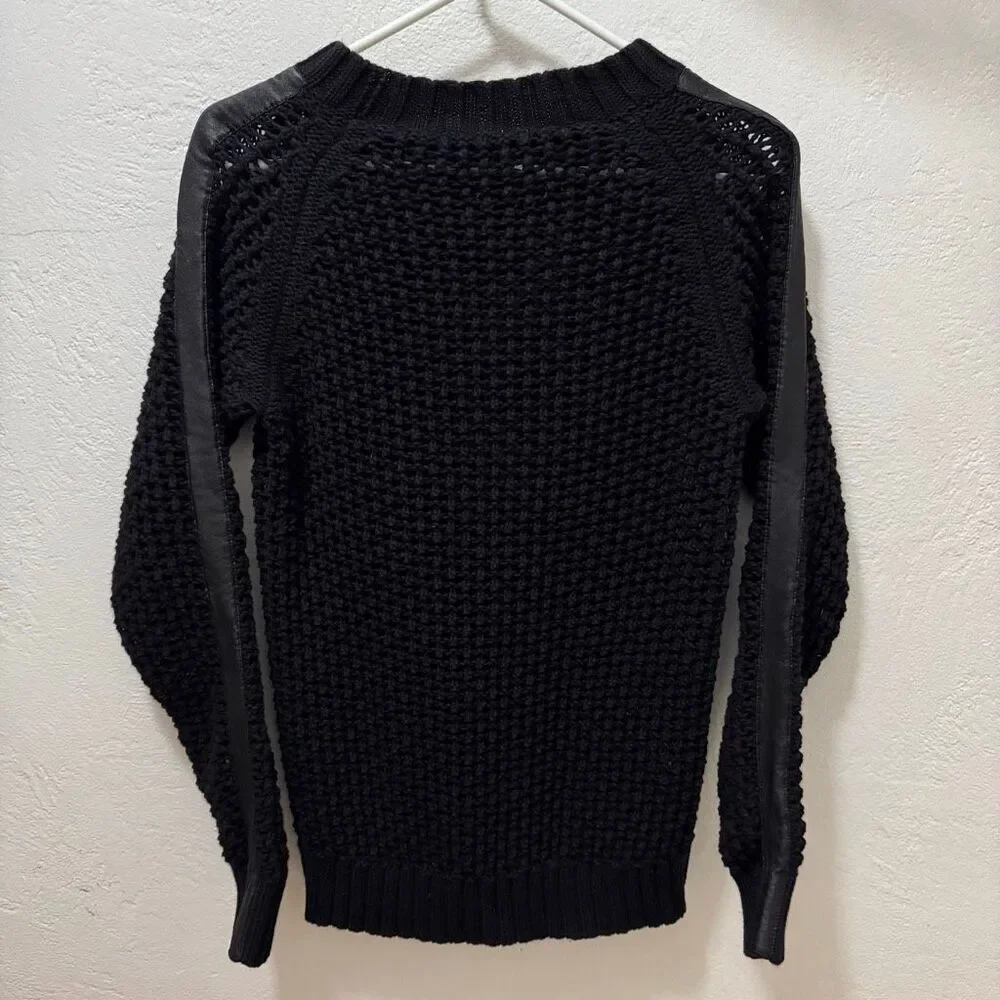 Karl Lagerfeld Black Open Knit Wool Cotton Sweater w/ Leather Sleeve Stripes L